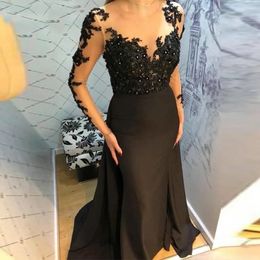 Prom Party Gown Black Evening Dresses New Mermaid Zipper Plus Size Custom Lace Up Long Sleeve O-Neck Floor-Length Trumpet Elastic Satin Illusion Beaded Applique