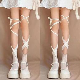 Women Socks Mesh For Girl Irregular Straps Gothic JK Crew Female Hosiery Middle Tube Bandage Calf