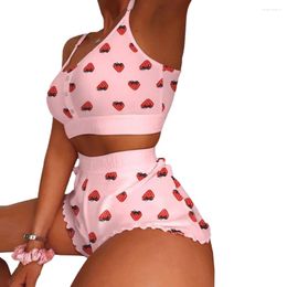 Women's Sleepwear Butterfly Floral Strawberry Print Summer Pyjamas Set Fashion Crop Tops Vest Bra Shorts Lingerie Nightwear