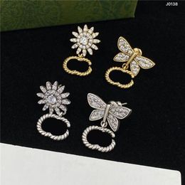 Full Diamond Designer Charm Earrings Butterfly Flower Crystal Studs Women Rhinestone Eardrops With Box251r