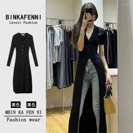 Casual Dresses Vintage Black Hepburn V-neck Lazy Style Long Ice Silk Knitted Dress Cardigan Women's Thin Coat Trendy