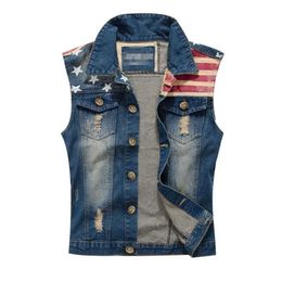 Men's Vests Plus Size 5XL American Flag Casual Cotton Jeans Sleeveless Jacket Men Dark Blue Denim Cowboy Vest Mens327A