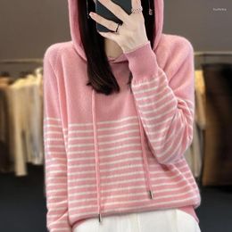 Women's Sweaters 2023 Fall Winter Pure Sweater Long Sleeve Pullover Hooded Striped Wool Loose Casual Age-reducing Knit Top