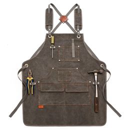 Aprons Durable Goods Heavy Duty Unisex Canvas Work Apron with Tool Pockets Cross Back Straps Adjustable for Woodworking Painting 231017