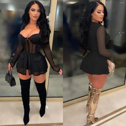 Women's Tracksuits LEOSD Solid Sheer Mesh See Through Long Sleeve Zipper Shirt Corset Top And Shorts 2 Piece Set Sexy Bodycon Party Outfits