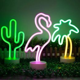 Decorative Objects Figurines Neon Sign LED Lights USB Battery Power Neon Lamp Christmas Table Kids Bedroom Home Decor Flamingo Cactus Lamp Decoration 231017