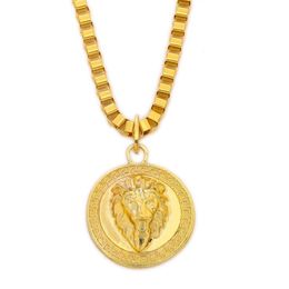 Mens Gold Tone Hip Hop Greek Pattern Lion Head Medallion Pendant Necklace278E