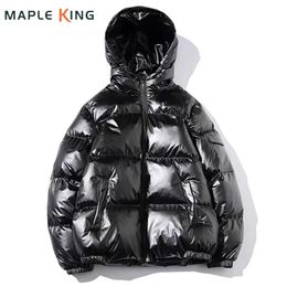 Men's Down Parkas Glossy Black Mens Coats and Jacket Harajuku Cotton Padded Hooded Bright Jaqueta Masculina Unisex Winter Clothes 231017