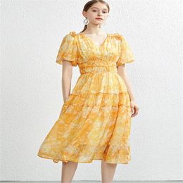 Basic Casual Dresses French Print Sexy V-Neck Puff Short Sleeves Big Swing Dress Women Knee-Length Vintage Vacation Dresses Robe F339a