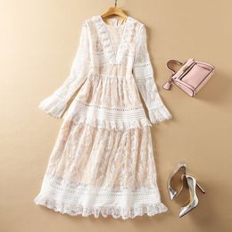 European and American women's clothing 2023 autumn new Flared sleeves long sleeves round neck lace Fashion pleated dress