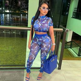 Women s Tracksuits CUTENOVA Mesh Suit Colorfull Printed Short Sleeve O Neck Crop T shirt Pant Tracksuit Woman 2pcs Casual set 231018