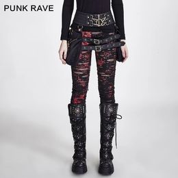 Womens Leggings PUNK RAVE Gothic Women Broken Mesh High Elastic Holes Crocheted Breathable Ripped Pants Black Red Steampunk Charm Sexy 231018