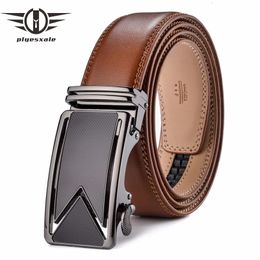 Belts Plyesxale Men Belt Cowhide Genuine Leather Belts For Men Luxury Automatic Buckle Belts Brown Black Cinturones Hombre B55 231017