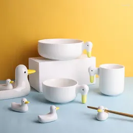 Dinnerware Sets Japanese Style White Duck Salad Ceramic Bowl Mug Cup Creative Cute Tableware Flush Household Products Underglaze Craft