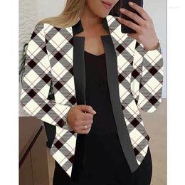 Women's Suits Autumn And Winter Standing Neck Stripe Plaid Contrast Sequined Spliced Cardigan Long Sleeve Coat Fashion Casual Tops