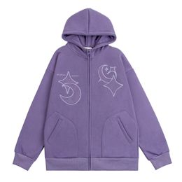 Fleece Zipper Hoodie Coat Harajuku Embroidery Moon Star Hooded Sweatshirt Jacket 2023 Fashion Men Loose Punk Hoodies