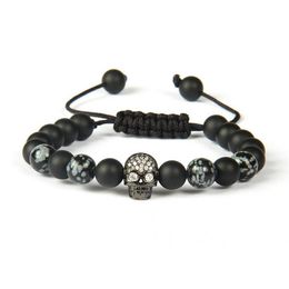 Whole 10pcs lot 8mm Quality Matte Agate And Obsidian Stone With Clear Cz Black Skull Macrame Bracelet For Men318m