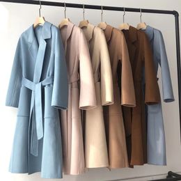 Women's Wool Blends Korean Women Handmade Hepburn Corrugated Water Ripples Coat Doublesided Cashmere Long Woollen Jacket Max 231017