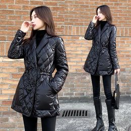 Women's Trench Coats 2023 Autumn And Winter Waist Down Padded Jacket Mid-Length Slim Black Diamond Lattice Light Coat Female