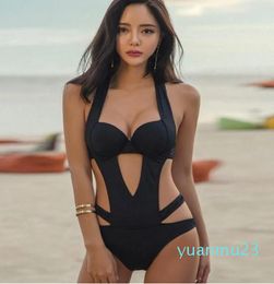 one piece swimsuit designer swimsuit Sexy Black Halter Cut Out Bandage Swim Bathing Suit Quick Dry swimwear for women