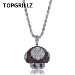 TOPGRILLZ Hip Hop Shiny Colorful Mushroom Pendant Necklace Charm For Men Women Gold Silver Color Cubic Zircon Jewelry Rope Chain229E