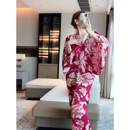 Casual Dresses Miyake Pleated Large Size Fall Printing Loose V-neck Slim Thin Dress Temperament Elegant Long Female With Elasticity