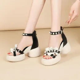 Sandals Summer Arrival Slim Height Increasing Platform Peep Toe Pearl Buckle Strap Genuine Leather Women Modern Gladiator