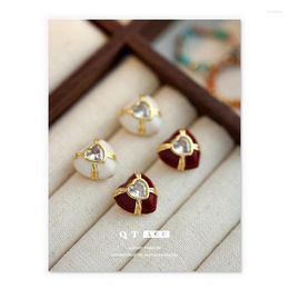 Hoop Earrings Brass Plated 18K True Gold French Style Small And Exquisite Light Luxury Zircon Inlaid Heart Dropping Oil