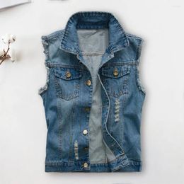 Men's Vests Classic Men Vest Jacket Hip Hop Streetwear Denim Waistcoat Ripped Sleeveless With Single-breasted Pockets For Summer