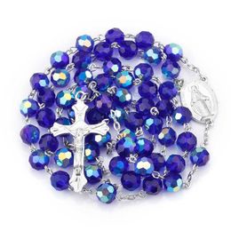 Beaded Necklaces Dark Blue Glass Crystal Catholic Rosary Necklace Christ Cross Rosary237E