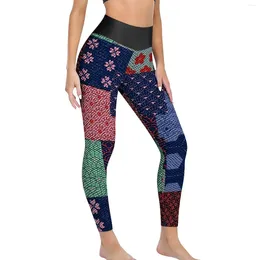 Active Pants Patchwork Print Leggings Japanese Waves And Flowers Yoga Push Up Fitness Gym Women Quick-Dry Sports Tights