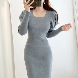 Casual Dresses Chic Grey Black Solid Korean Pollover Jumper Dress Warm Winter Knitted Sweater Women Thick 2023 Woman Knitwear