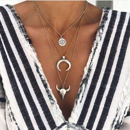 3pcs set Women Long Sweater Chain Animal Cow Head Pendant Necklace Alloy Eye Horn Multilayer Necklace Jewellery Gift for Girls303t