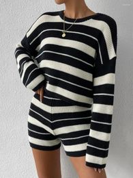 Women's Tracksuits Striped Women Tracksuit 2 Piece Set Knit Long Sleeve O-Neck Crop Tops Shorts Matching Streetwear Stretch Outfits
