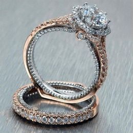 Vintage Fashion Jewelry 925 Sterling Silver&Rose Gold Fill Round Cut White Topaz CZ Diamond Couple Rings Eternity Women Wedding Br290y