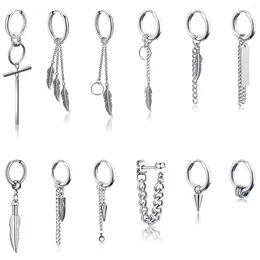 Hoop Earrings 12 PCS Men Stainless Steel Huggie Dangle Feather Kpop With Hinged Long Chain Pendant For Unisex Women