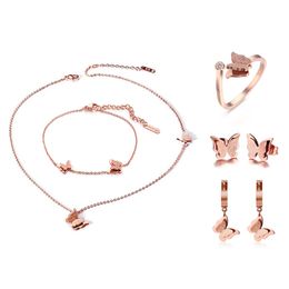Women Jewellery Set Stainless Steel Sandblasted Pretty Butterfly Charms Bracelet Necklace Ring Earrings Set Rose Gold