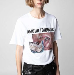 23SS ZADIG VOLTAIRE Üst Tasarımcı Moda Pamuk T-Shirt Yeni Zadigs Dil Öpücük Beyaz Mürekkep Dijital Baskı Sıcak Pırlanta Gevşek Kadınlar Kısa Kollu Tişört Plaj Tees
