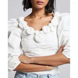 Women's Blouses VII 2023 Arrivals Clothing Sweet Three-dimensional Flowers Bubble Sleeve Waisted Ruched Slim Top Offer