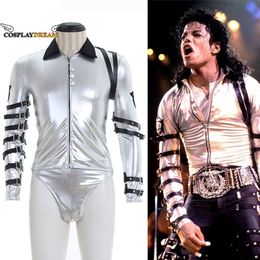 cosplay Punk MJ Michael Jackson Classic BAD Tour Sier Bodysuit Jacket Outerwear for Collection Supprise Gift Unisex Costume Jumpsuit