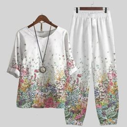 Women's Tracksuits Summer Casual Two Piece Set Women Elegant O Neck Flower Print Loose T Shirt High Waist Loose Pants Suit Female Outfits 231018