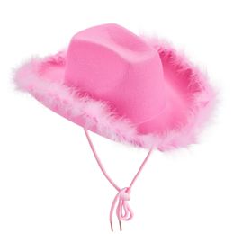 Party Hats Cowboy Hat for Women Cowgirl with Pink Feather Boa Fluffy Brim Adult Size Play Costume 231017