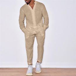 Men's Tracksuits 2023 Spring Fall Mens Suits Casual Cotton Linen Loose Solid Colour Two Piece Set Leisure V Neck Shirt And Pan296a