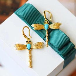 Dangle Earrings Turquoise Dragonfly Ear Hook Chinese Style Retro Minority Design Unique Gold Craft Charm Women's Christmas Halloween Gift