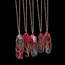 Handmade 7 Chakra Rainbow Natural Stone Tree of Life Pendant Necklace Women Men Opal Crystal long Chain Statement Jewelry Gift267I