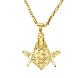 Men Gold Masonic Pendant Stainless steel Gold Colour Metal mason Pendant Necklace Chain Hip hop Punk Jewelry256l