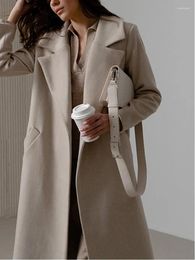 Women's Trench Coats Long Woolen Coat With Waistband Women Lapels All-match Thick Office Ladies 2023 Winter Sleeve Female Cardigan