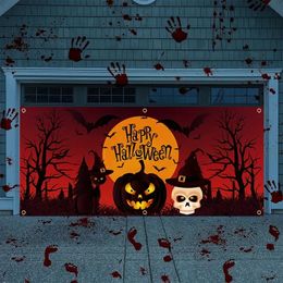 1pc, Happy Halloween Garage Banner (157in*71in/400cm*180cm) Blood Skull Black Cat Pumpkin Pattern Garage Door Decoration, Polyester With Holes With Rope Hanging