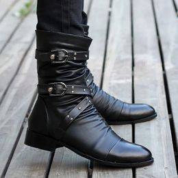 Boots Winter Pointed Toe Men's Midcalf Buckle Strap Chelsea Boot for Men Leather Mens Motorcycle High Top Man Shoe 231018