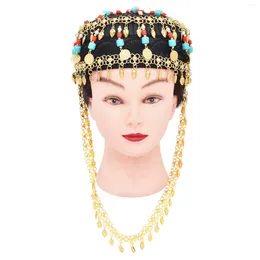 Hair Clips Style Women Cap Jewelry Hat Turquoise Red Crystal Long Tassel Bohemian Ethnic Statement Headband For Accessories